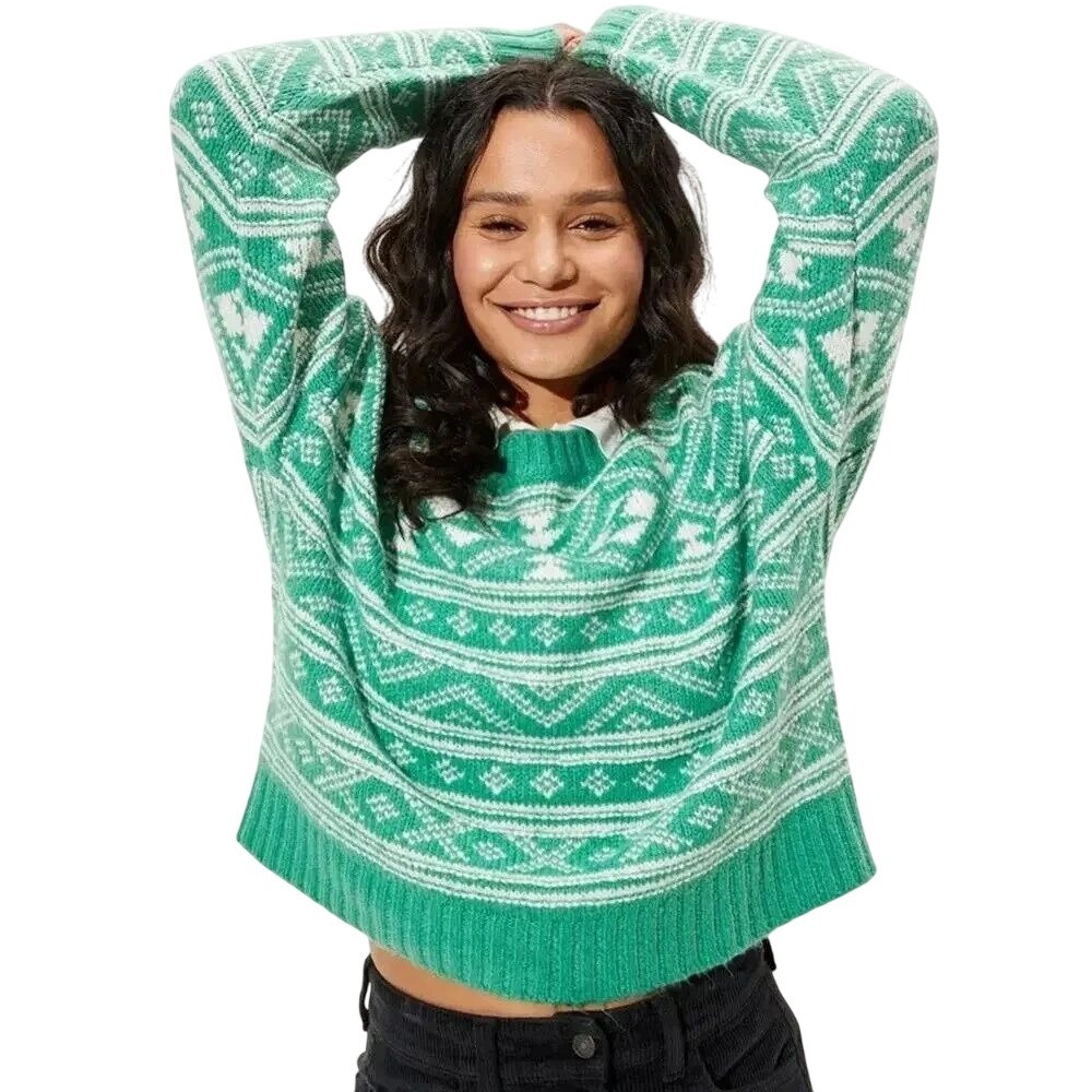 American Eagle Green Fair Isle Knit Sweater Long Sleeve Crew Casual Holiday Sz S